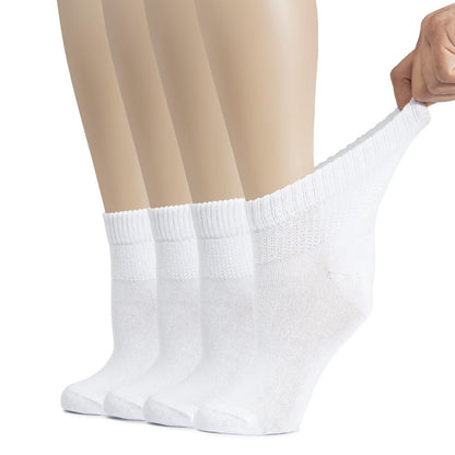 Hugh Ugoli Damen Baumwoll-Diabetikersocken, Weit, Dünn, Locker und Dehnbar, Nahtlose Zehen & Nicht einschnürendes Bündchen, 4 Paar, Weiß, Schuhgröße: 6-9