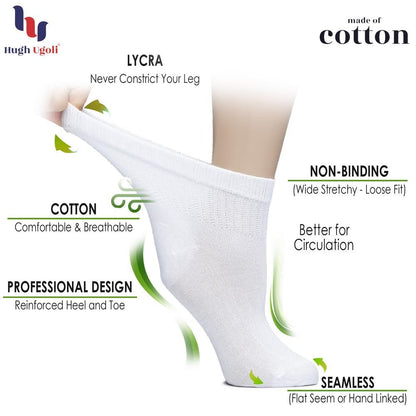 Hugh Ugoli Damen Baumwoll-Diabetikersocken, Weit, Dünn, Locker und Dehnbar, Nahtlose Zehen & Nicht einschnürendes Bündchen, 4 Paar, Weiß, Schuhgröße: 6-9