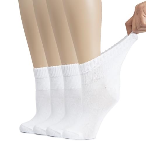 Hugh Ugoli Damen Baumwoll-Diabetikersocken, Weit, Dünn, Locker und Dehnbar, Nahtlose Zehen & Nicht einschnürendes Bündchen, 4 Paar, Weiß, Schuhgröße: 6-9