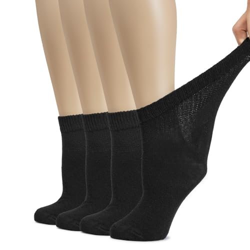 Hugh Ugoli Damen Baumwoll-Diabetiker-Knöchelsocken, Weit, Dünn, Lockere Passform und Dehnbar, Nahtlose Zehenpartie & nicht einschnürendes Bündchen, 4 Paar, Schwarz, Schuhgröße: 40-45