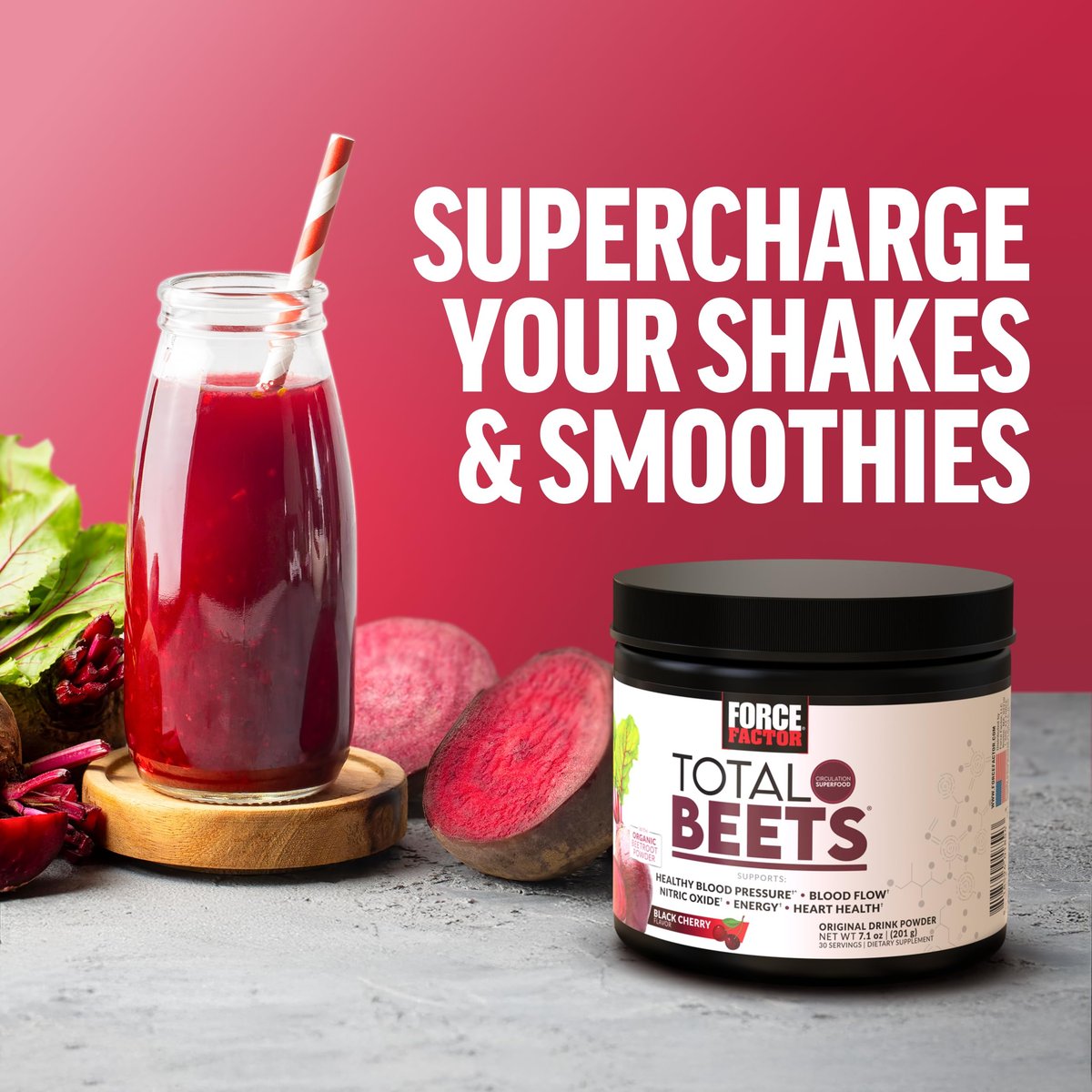 Force Factor Total Beets Drink Mix – Superfood-Pulver mit Nitraten zur Unterstützung von Kreislauf, Durchblutung, Stickoxid, Energie, Ausdauer und Herz-Kreislauf-Gesundheit, 30 Portionen