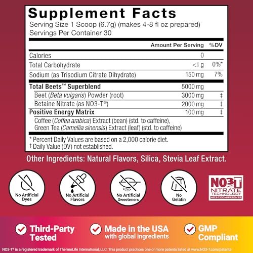 Force Factor Total Beets Rote-Bete-Pulver mit Energie, NO3-T® Nitrate zur Unterstützung von Kreislauf, Blutdruck, Durchblutung und Ausdauer – plus Grüntee-Extrakt. Ein Superfood-Ergänzungsmittel, 30 Portionen