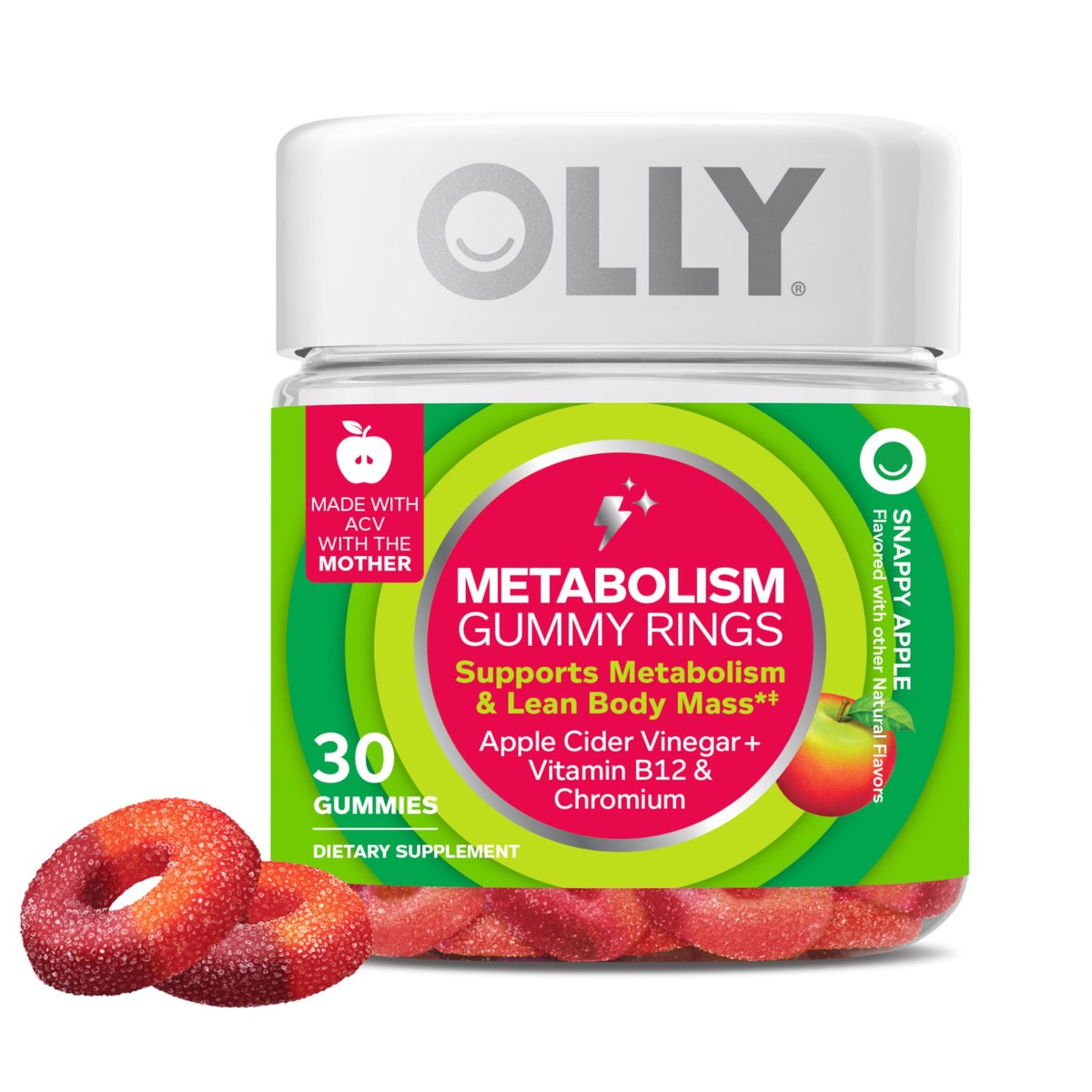 OLLY Metabolism Gummiringe - Apfelessig, Vitamin B12, Chrom – Energie & Verdauung, 30 Stück