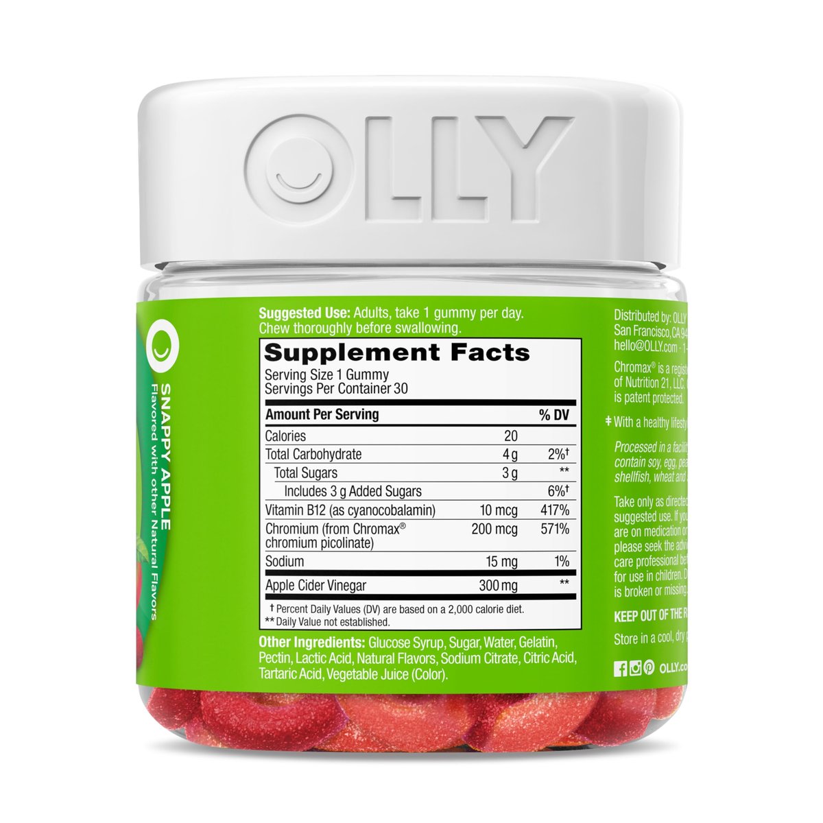 OLLY Metabolism Gummiringe - Apfelessig, Vitamin B12, Chrom – Energie & Verdauung, 30 Stück