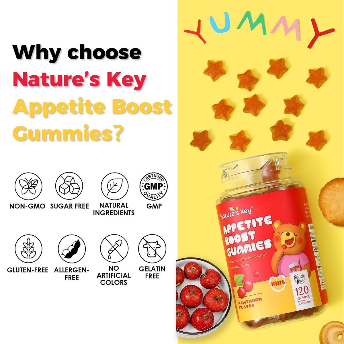 Nature's Key Appetit-Anreger Gummibärchen für Kinder – Unterstützt den Appetit und die Gewichtszunahme – Weißdorn-Geschmack (120 Stück, 1er-Pack)