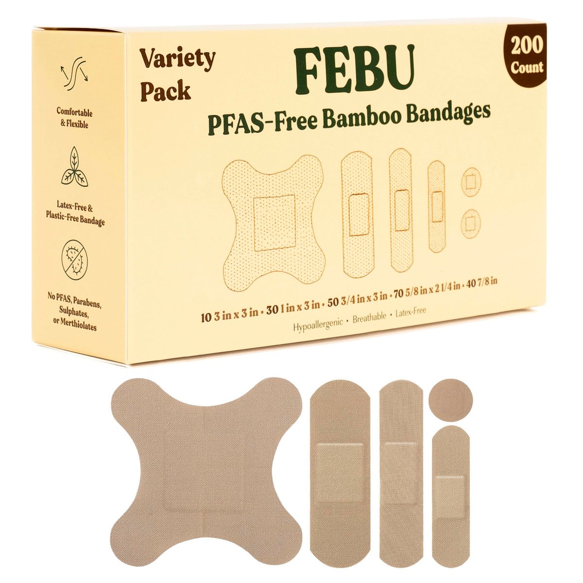 FEBU Ökologische Bambus-Pflaster im Großpack | PFAS-frei, kompostierbar, latexfrei | 200 Stück bunte Mischung