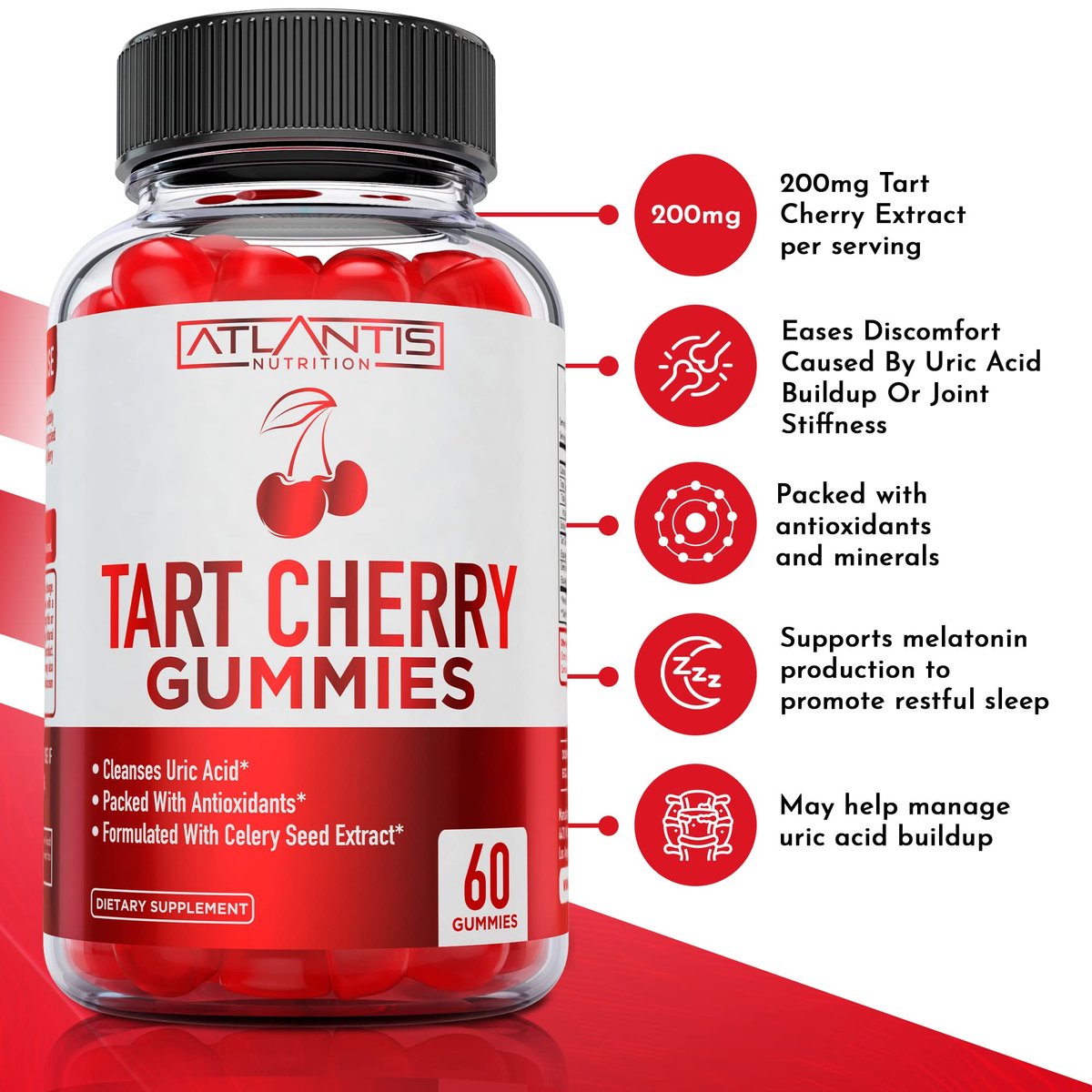Atlantis Nutrition Tart Cherry Gummies mit Sellerieextrakt - Fortschrittliche Harnsäurereinigung für sofortige Linderung | Gelenkunterstützung & Erholung | Leistungsstarkes Antioxidans mit Gelenkunterstützung - 60 Gummibärchen