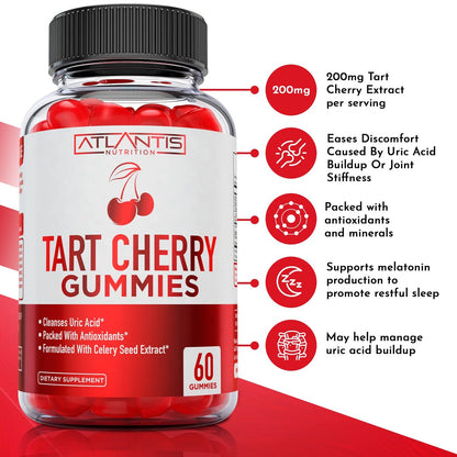 Atlantis Nutrition Tart Cherry Gummies mit Sellerieextrakt - Fortschrittliche Harnsäurereinigung für sofortige Linderung | Gelenkunterstützung & Erholung | Leistungsstarkes Antioxidans mit Gelenkunterstützung - 60 Gummibärchen