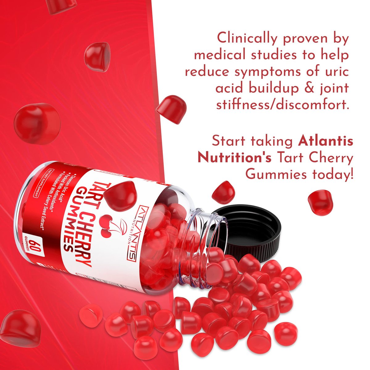 Atlantis Nutrition Tart Cherry Gummies mit Sellerieextrakt - Fortschrittliche Harnsäurereinigung für sofortige Linderung | Gelenkunterstützung & Erholung | Leistungsstarkes Antioxidans mit Gelenkunterstützung - 60 Gummibärchen