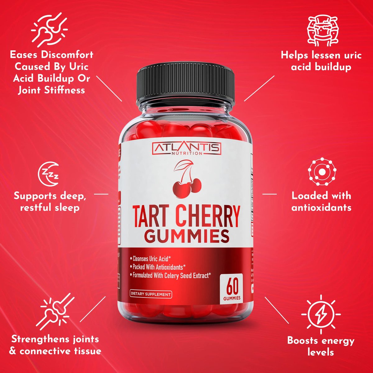 Atlantis Nutrition Tart Cherry Gummies mit Sellerieextrakt - Fortschrittliche Harnsäurereinigung für sofortige Linderung | Gelenkunterstützung & Erholung | Leistungsstarkes Antioxidans mit Gelenkunterstützung - 60 Gummibärchen