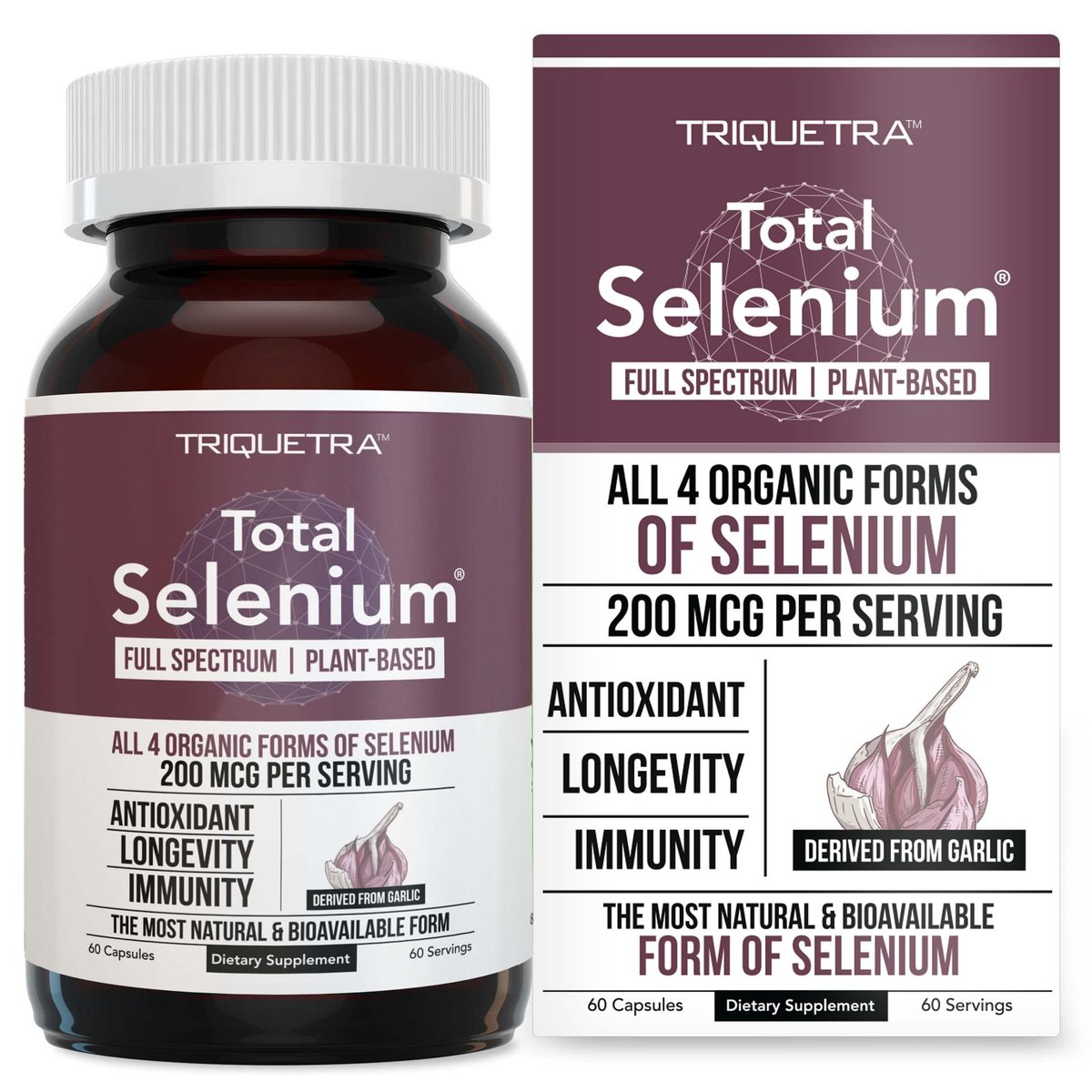 Total Selenium - 200 mcg, pflanzlich - Vollspektrum mit 4 essentiellen organischen Selenformen inkl. Selenomethionin - aus Knoblauch gewonnen - 60 Kapseln