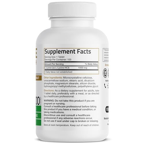 Bronson L-Lysin Extra Stark 1000 MG pro Tablette Hochdosiert, Immununterstützung & Unterstützt Kollagensynthese, Non-GMO, 100 Vegetarische Tabletten