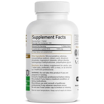 Bronson L-Lysin Extra Stark 1000 MG pro Tablette Hochdosiert, Immununterstützung & Unterstützt Kollagensynthese, Non-GMO, 100 Vegetarische Tabletten