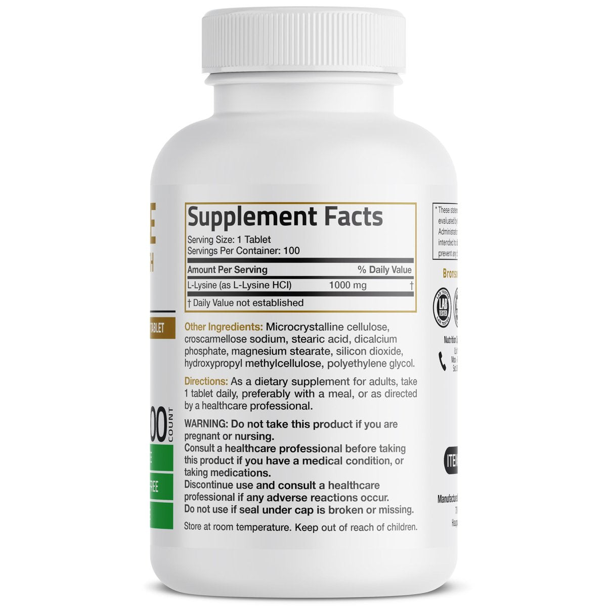 Bronson L-Lysin Extra Stark 1000 MG pro Tablette Hochdosiert, Immununterstützung & Unterstützt Kollagensynthese, Non-GMO, 100 Vegetarische Tabletten
