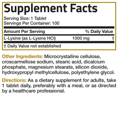 Bronson L-Lysin Extra Stark 1000 MG pro Tablette Hochdosiert, Immununterstützung & Unterstützt Kollagensynthese, Non-GMO, 100 Vegetarische Tabletten