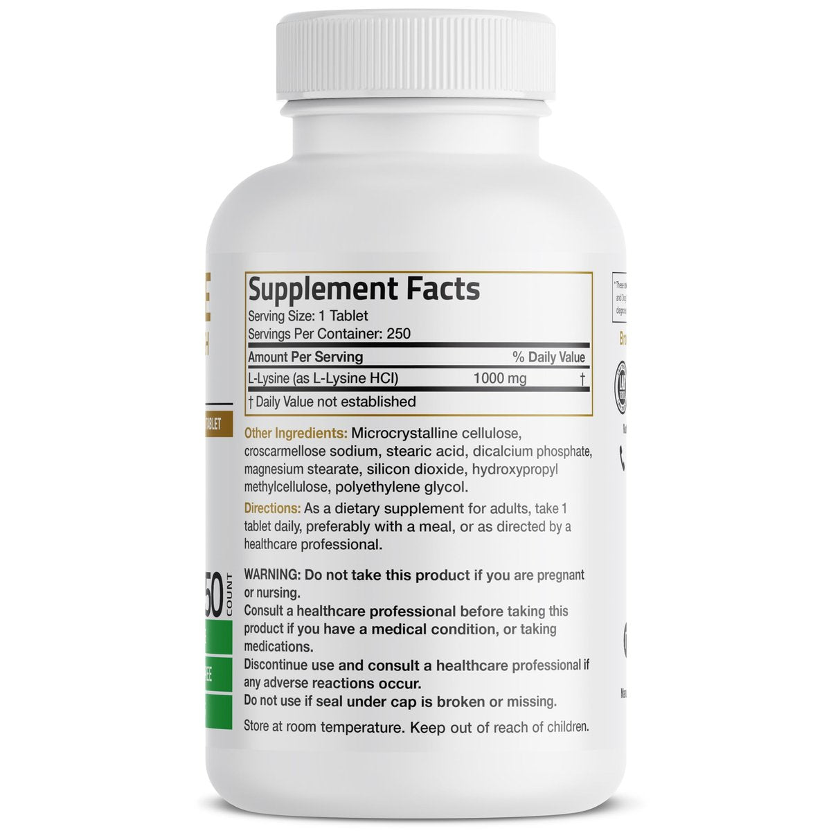 Bronson L-Lysin Extra Stärke 1000 mg pro Tablette, Hochdosiert, Immununterstützung & Unterstützt Kollagensynthese, Non-GMO, 250 Vegetarische Tabletten