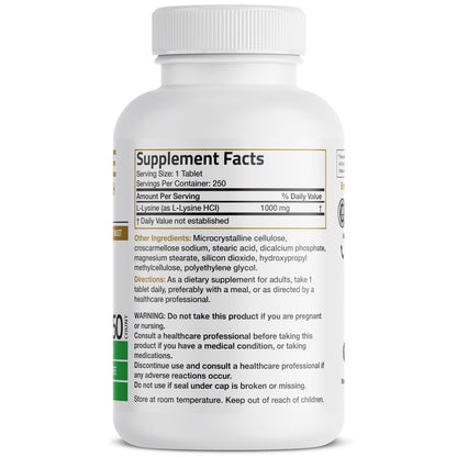 Bronson L-Lysin Extra Stärke 1000 mg pro Tablette, Hochdosiert, Immununterstützung & Unterstützt Kollagensynthese, Non-GMO, 250 Vegetarische Tabletten