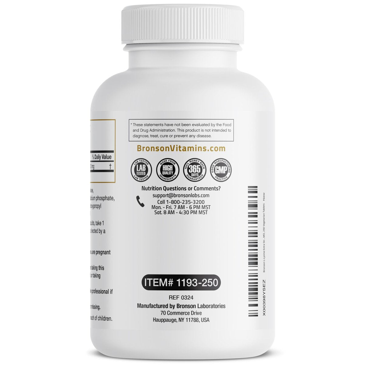 Bronson L-Lysin Extra Stärke 1000 mg pro Tablette, Hochdosiert, Immununterstützung & Unterstützt Kollagensynthese, Non-GMO, 250 Vegetarische Tabletten