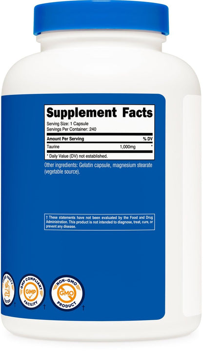 Nutricost Taurin 1000mg Kapseln - 240 Kapseln pro Flasche, Non-GMO & Glutenfrei