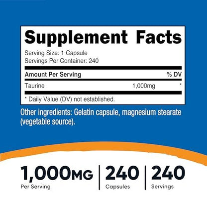 Nutricost Taurin 1000mg Kapseln - 240 Kapseln pro Flasche, Non-GMO & Glutenfrei