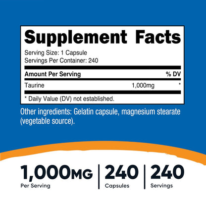 Nutricost Taurin 1000mg Kapseln - 240 Kapseln pro Flasche, Non-GMO & Glutenfrei