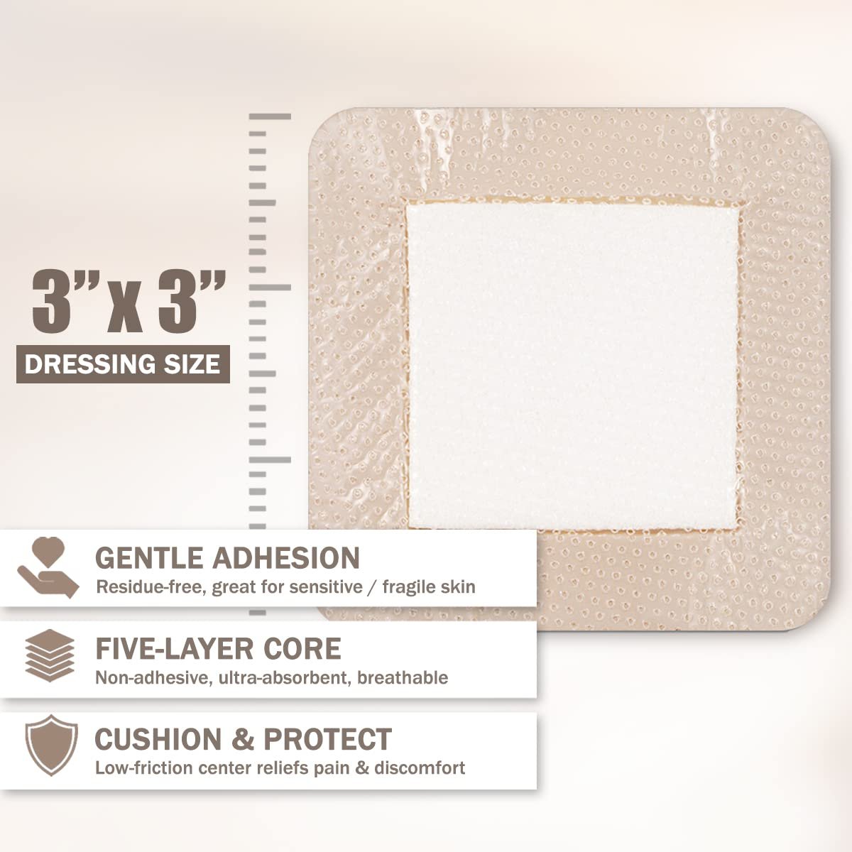 EVERLIT Care Silikon-Schaumstoffverband mit Kleberand | Hochsaugfähige hypoallergene Wundauflagen für chronische Wunden, Dekubitus, Druckgeschwüre | Sanfte & sichere Haftung (3" x 3" | 10er-Pack)