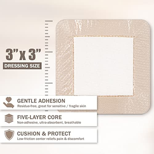 EVERLIT Care Silikon-Schaumstoffverband mit Kleberand | Hochsaugfähige hypoallergene Wundauflagen für chronische Wunden, Dekubitus, Druckgeschwüre | Sanfte & sichere Haftung (3" x 3" | 10er-Pack)