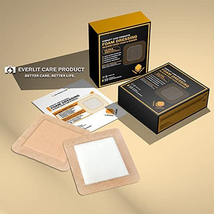 EVERLIT Care Silikon-Schaumstoffverband mit Kleberand | Hochsaugfähige hypoallergene Wundauflagen für chronische Wunden, Dekubitus, Druckgeschwüre | Sanfte & sichere Haftung (3" x 3" | 10er-Pack)