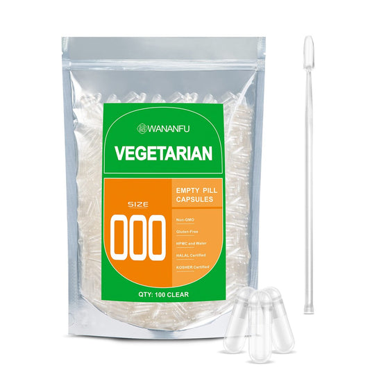 WANANFU Leere Kapseln Größe 000 (100 Stück) mit Mikro-Laborspatel – Klare Veggie-Kapseln zur Eigenherstellung von Nahrungsergänzungsmitteln