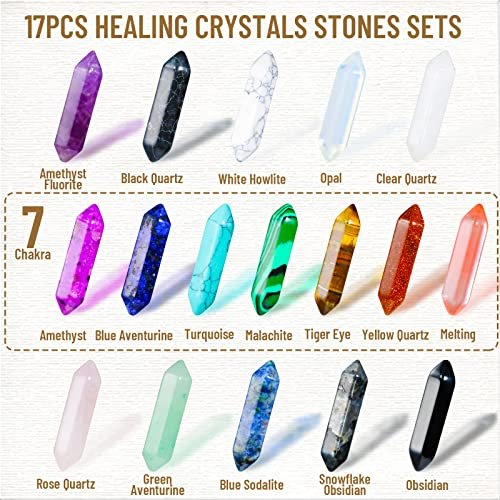 17-teiliges Heilstein-Set, sechseckig geschliffene Kugelform, Reiki-Meditation Chakra-Steine, Tigerauge Obsidian Quarz Kristalle, Edelstein-Anhänger-Set mit Aufbewahrungsbox