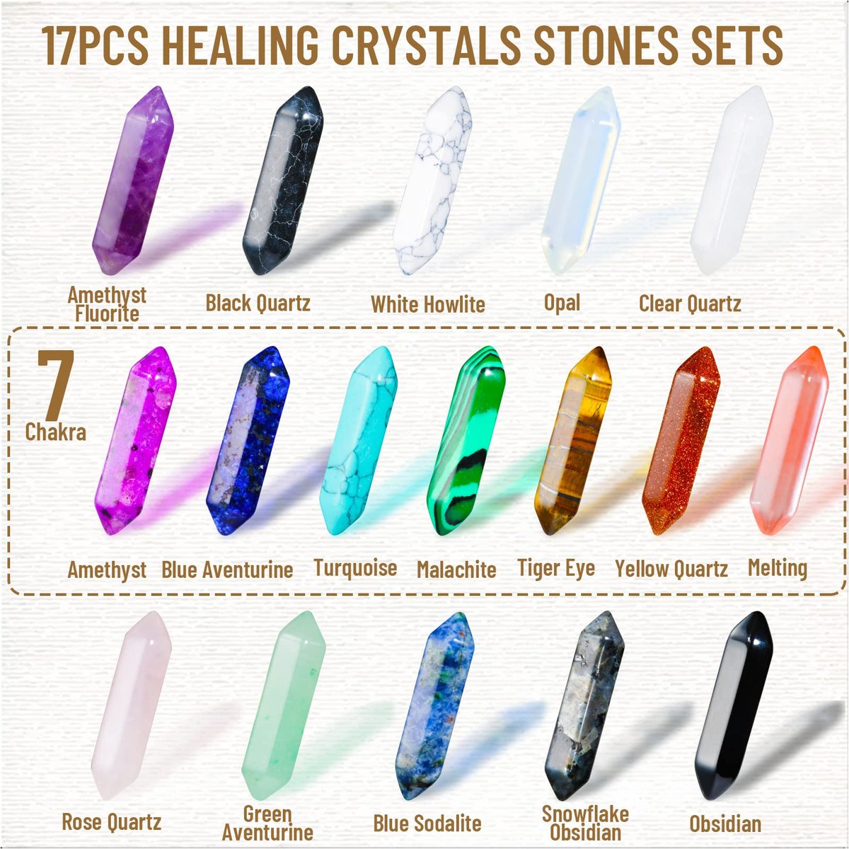 17-teiliges Heilstein-Set, sechseckig geschliffene Kugelform, Reiki-Meditation Chakra-Steine, Tigerauge Obsidian Quarz Kristalle, Edelstein-Anhänger-Set mit Aufbewahrungsbox