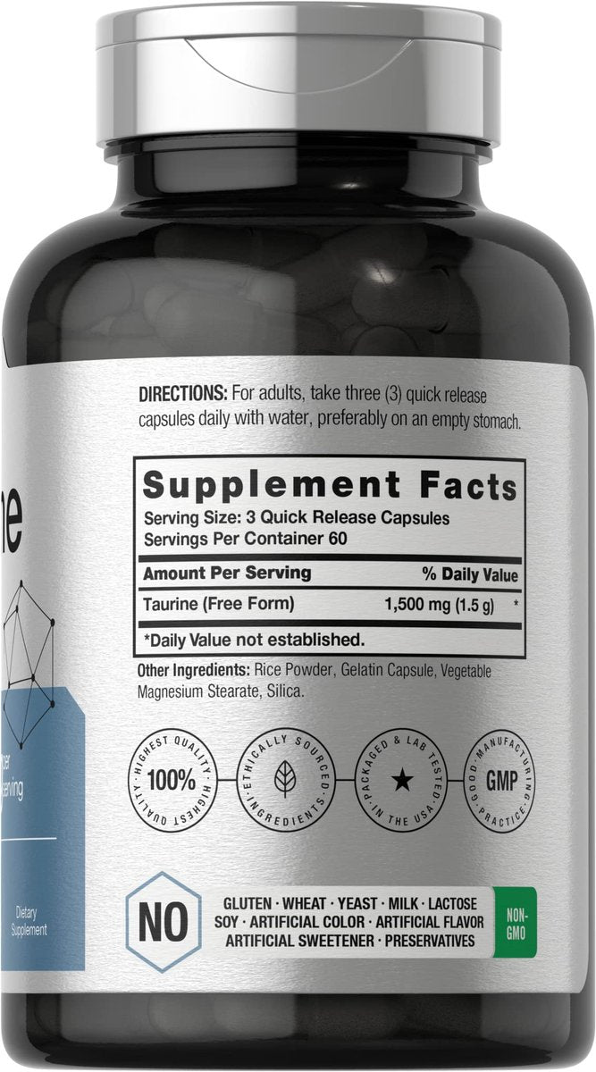 Horbäach Taurin 1500mg | 180 Kapseln | Aminosäure-Supplement | Nicht-GVO & Glutenfrei