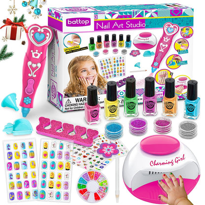 BATTOP Nagellack Set für Mädchen – Nagelkunst Set mit Nageltrockner & Glitzerstift – Schnelltrocknend, Abziehbar & Ungiftig – Weihnachts- & Geburtstagsgeschenk für Mädchen 6-12 Jahre