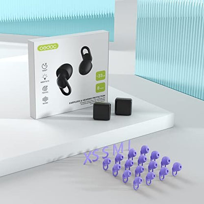 Wiederverwendbare Silikon-Ohrstöpsel zur Geräuschreduzierung – 33 dB, 16 Aufsätze in XS/S/M/L, inkl. 2 Reiseboxen (Lila)
