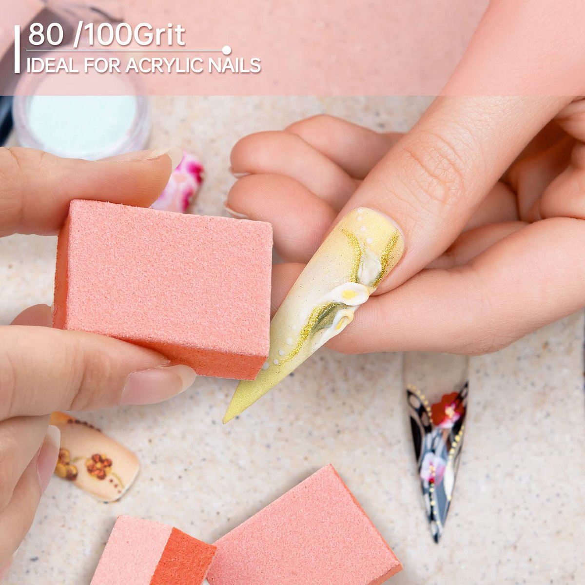 Maryton Mini Nagelfeilen-Blöcke - 80/100 Grit Professionelle Salon-Orangene Buffer - Nägel vor Auftragen von Gel-Nagellack, Acryl, 50 Stück