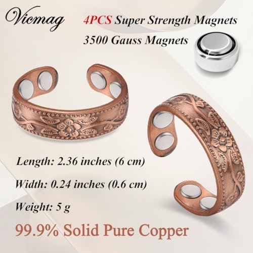 Vicmag 2 Stück Kupfer Magnetringe für Frauen – 4-fach magnetisch, 100% massives reines Kupfer, verstellbar