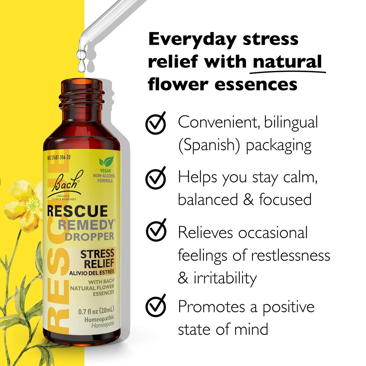 RESCUE Bach-Blüten-Tropfen 20 ml – Natürliche Stresslinderung, homöopathische Blütenessenzen, vegan, gluten- & zuckerfrei, nicht gewohnheitsbildend (alkoholfreie Formel)