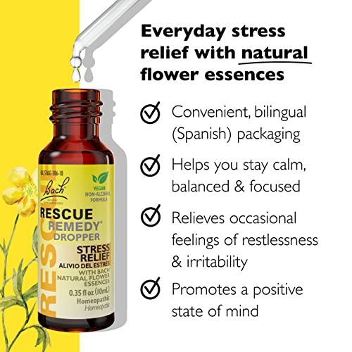 Bach Rescue Remedy Tropfen 10 ml – natürlicher Stressabbau, homöopathische Blütenessenzen, vegan, gluten- & zuckerfrei, nicht gewöhnungsbedürftig (alkoholfreie Formel)