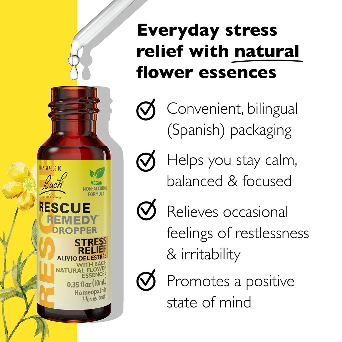 Bach Rescue Remedy Tropfen 10 ml – natürlicher Stressabbau, homöopathische Blütenessenzen, vegan, gluten- & zuckerfrei, nicht gewöhnungsbedürftig (alkoholfreie Formel)