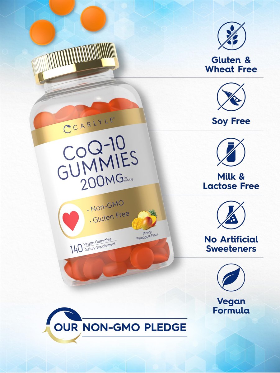 Carlyle CoQ10 200 mg Gummis – 140 Stück – Mango-Ananas-Geschmack – Vegan, Nicht-GVO, Glutenfrei