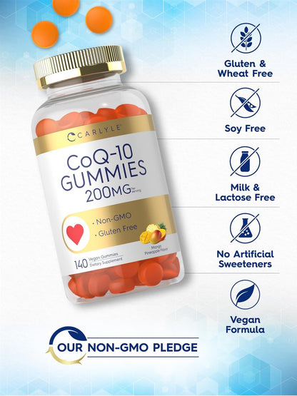 Carlyle CoQ10 200 mg Gummis – 140 Stück – Mango-Ananas-Geschmack – Vegan, Nicht-GVO, Glutenfrei