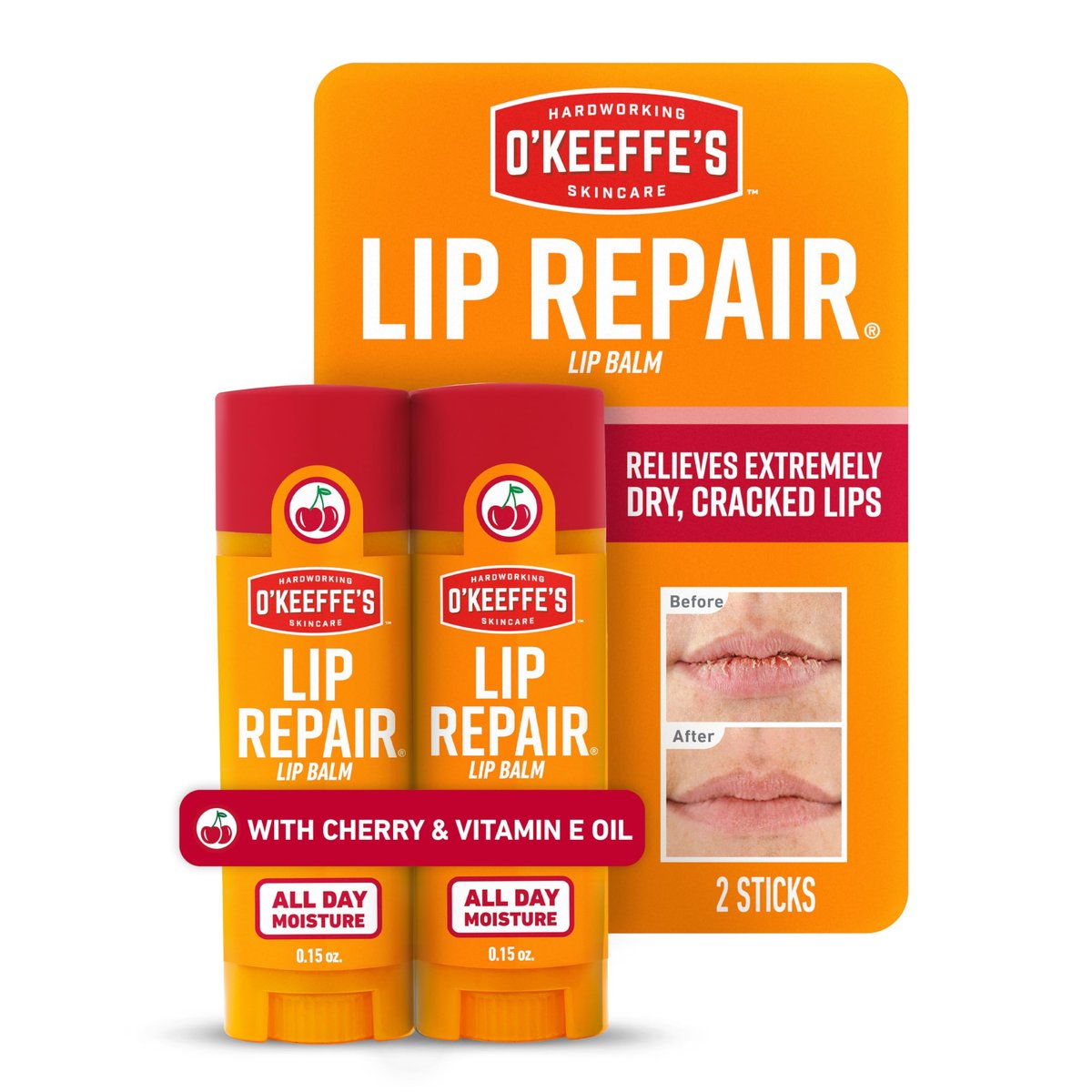 O'Keeffe's Lippenpflege-Stick mit Kirsche & Vitamin E Öl – 2er-Pack – Feuchtigkeitsspender für extrem rissige, trockene Lippen