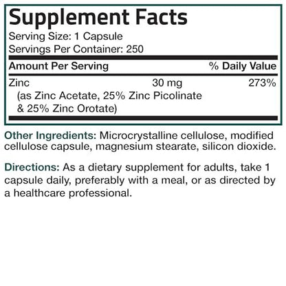 Bronson Zink Triple Play 30 mg – Dreifache Immununterstützung mit Zinkacetat, Picolinat & Orotat – 250 vegane Kapseln