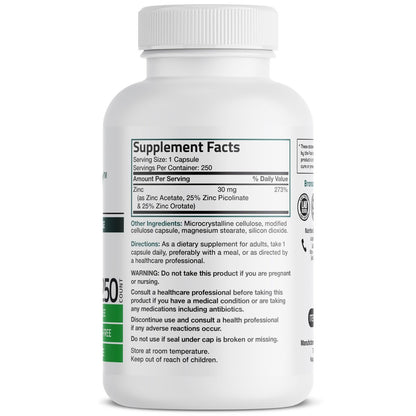 Bronson Zink Triple Play 30 mg – Dreifache Immununterstützung mit Zinkacetat, Picolinat & Orotat – 250 vegane Kapseln