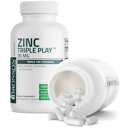 Bronson Zink Triple Play 30 mg – Dreifache Immununterstützung mit Zinkacetat, Picolinat & Orotat – 250 vegane Kapseln