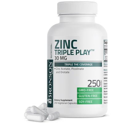 Bronson Zink Triple Play 30 mg – Dreifache Immununterstützung mit Zinkacetat, Picolinat & Orotat – 250 vegane Kapseln