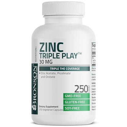 Bronson Zink Triple Play 30 mg – Dreifache Immununterstützung mit Zinkacetat, Picolinat & Orotat – 250 vegane Kapseln