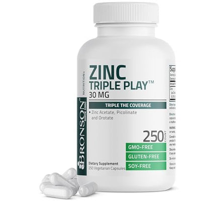 Bronson Zink Triple Play 30 mg – Dreifache Immununterstützung mit Zinkacetat, Picolinat & Orotat – 250 vegane Kapseln