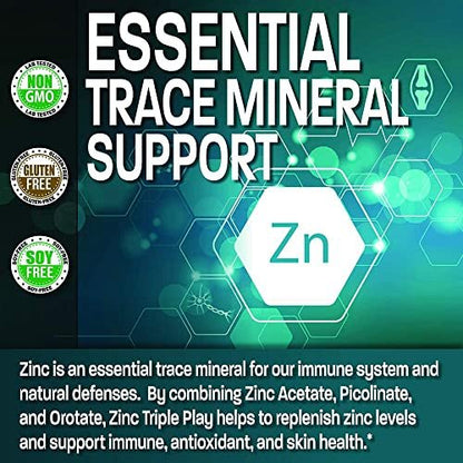 Bronson Zink Triple Play 30 mg – Dreifache Immununterstützung mit Zinkacetat, Picolinat & Orotat – 250 vegane Kapseln