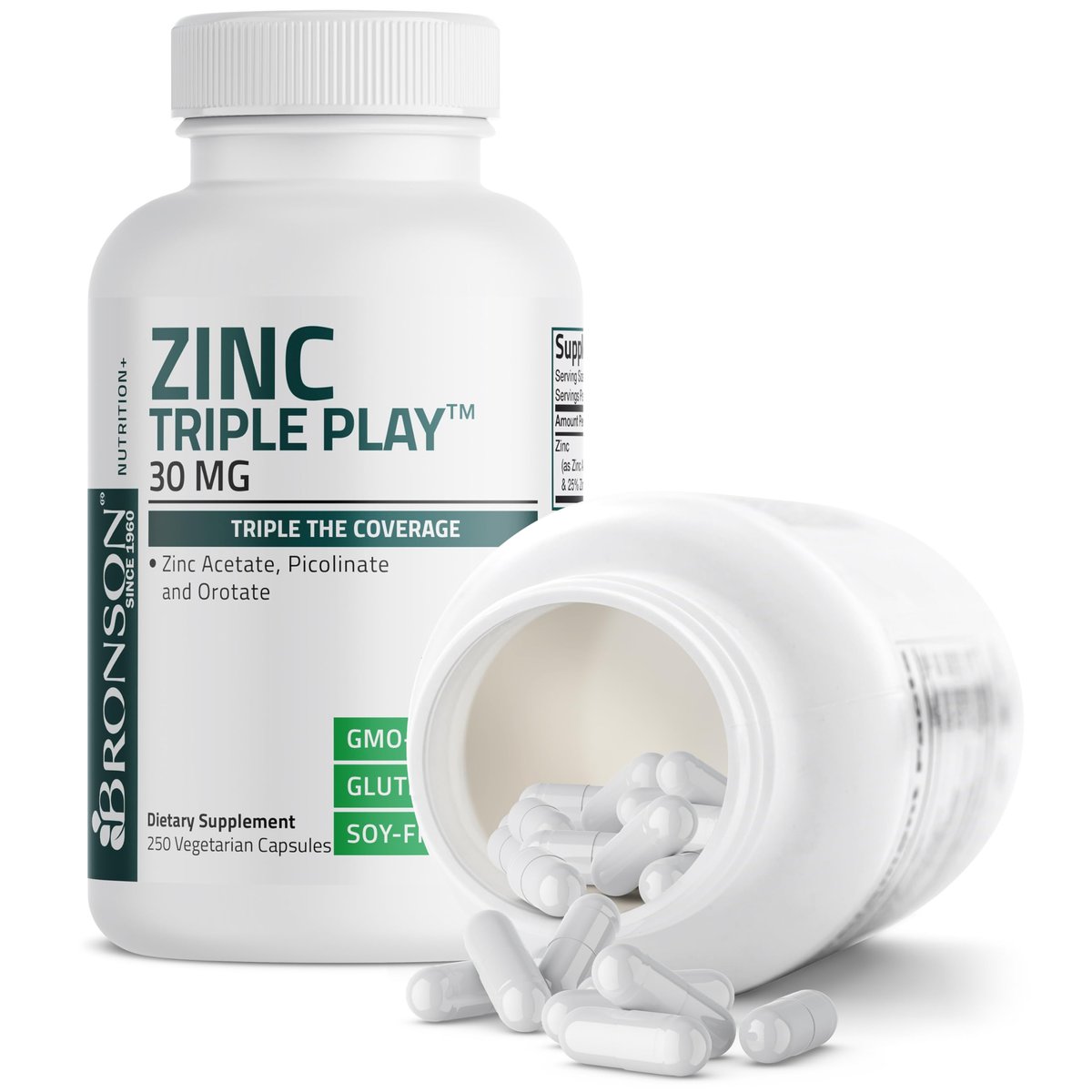 Bronson Zink Triple Play 30 mg – Dreifache Immununterstützung mit Zinkacetat, Picolinat & Orotat – 250 vegane Kapseln